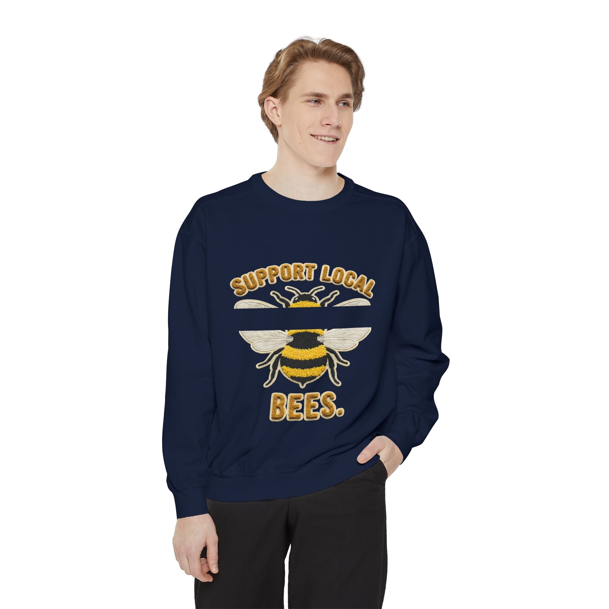Support Local Bees Sweatshirt — Vintage Bee Graphic Eco-Friendly Pullover