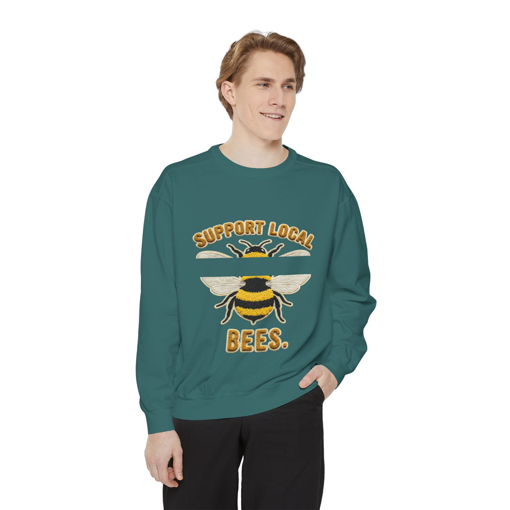 Support Local Bees Sweatshirt — Vintage Bee Graphic Eco-Friendly Pullover