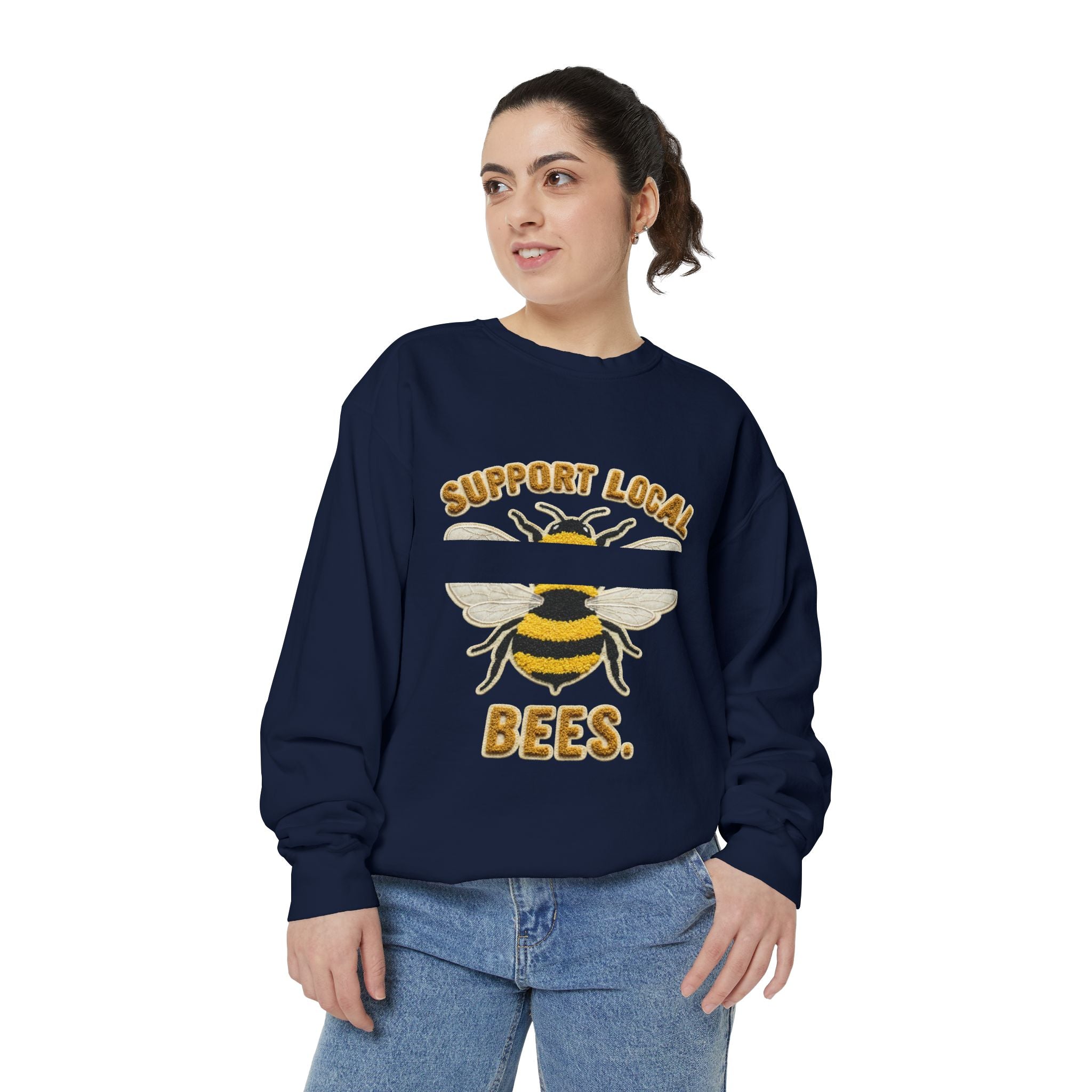 Support Local Bees Sweatshirt — Vintage Bee Graphic Eco-Friendly Pullover