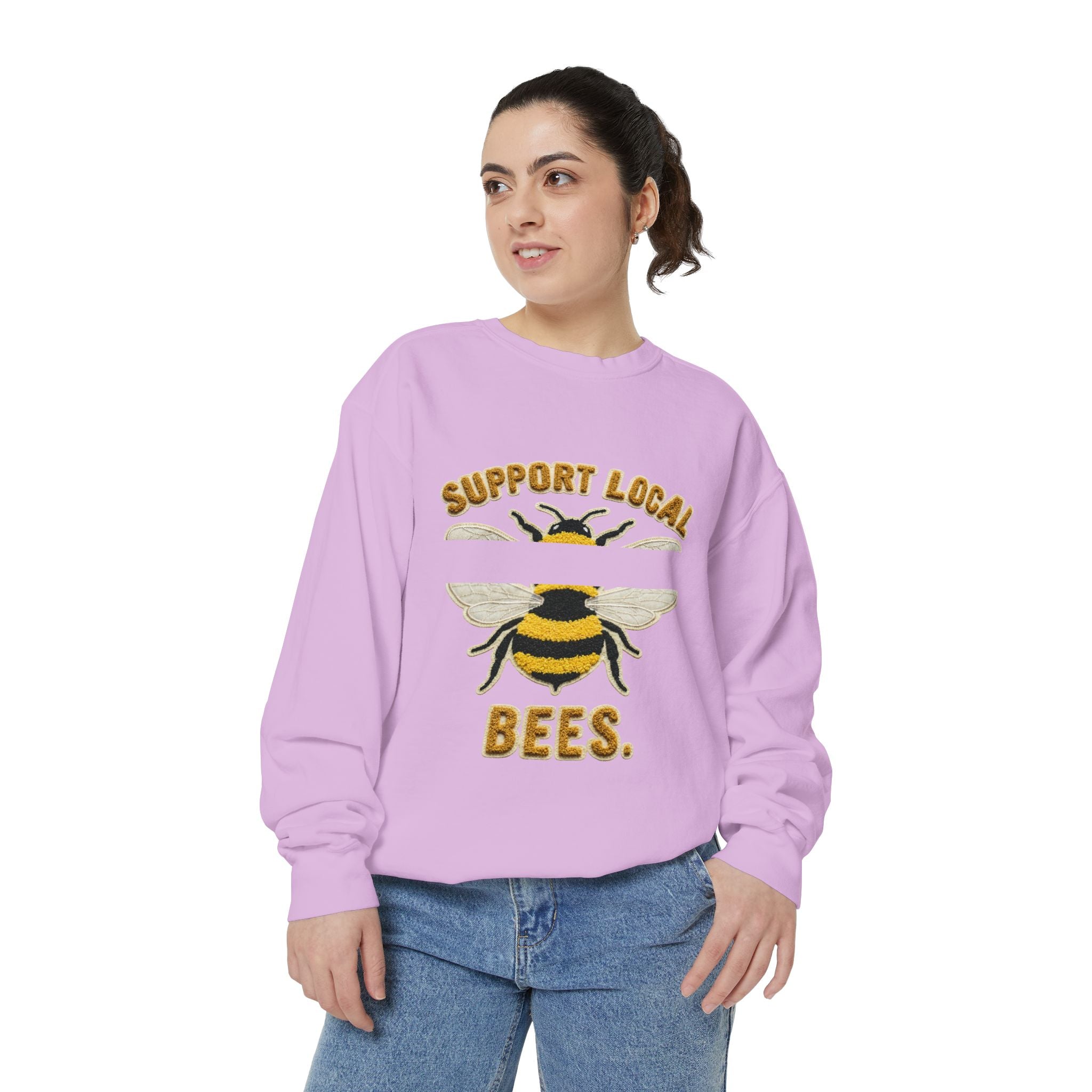 Support Local Bees Sweatshirt — Vintage Bee Graphic Eco-Friendly Pullover