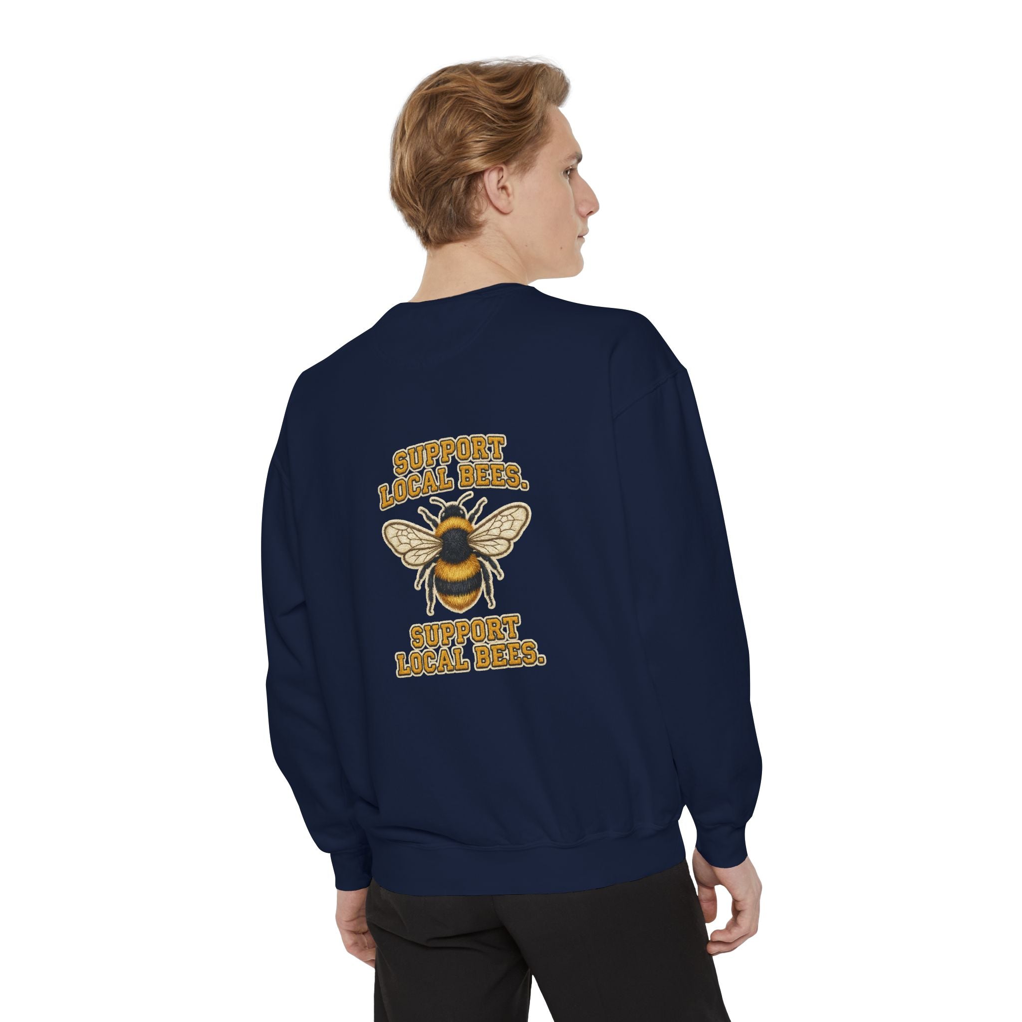 Support Local Bees Sweatshirt — Vintage Bee Graphic Eco-Friendly Pullover
