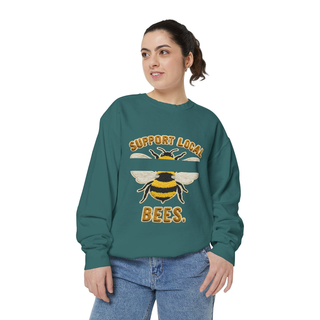 Support Local Bees Sweatshirt — Vintage Bee Graphic Eco-Friendly Pullover
