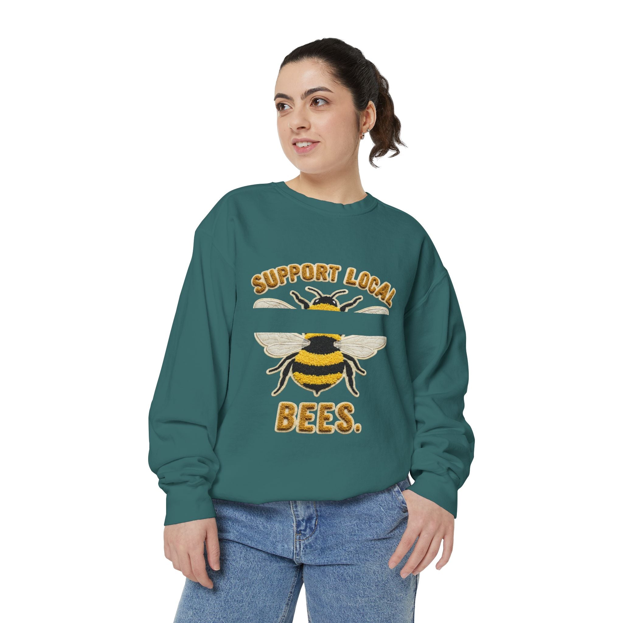 Support Local Bees Sweatshirt — Vintage Bee Graphic Eco-Friendly Pullover