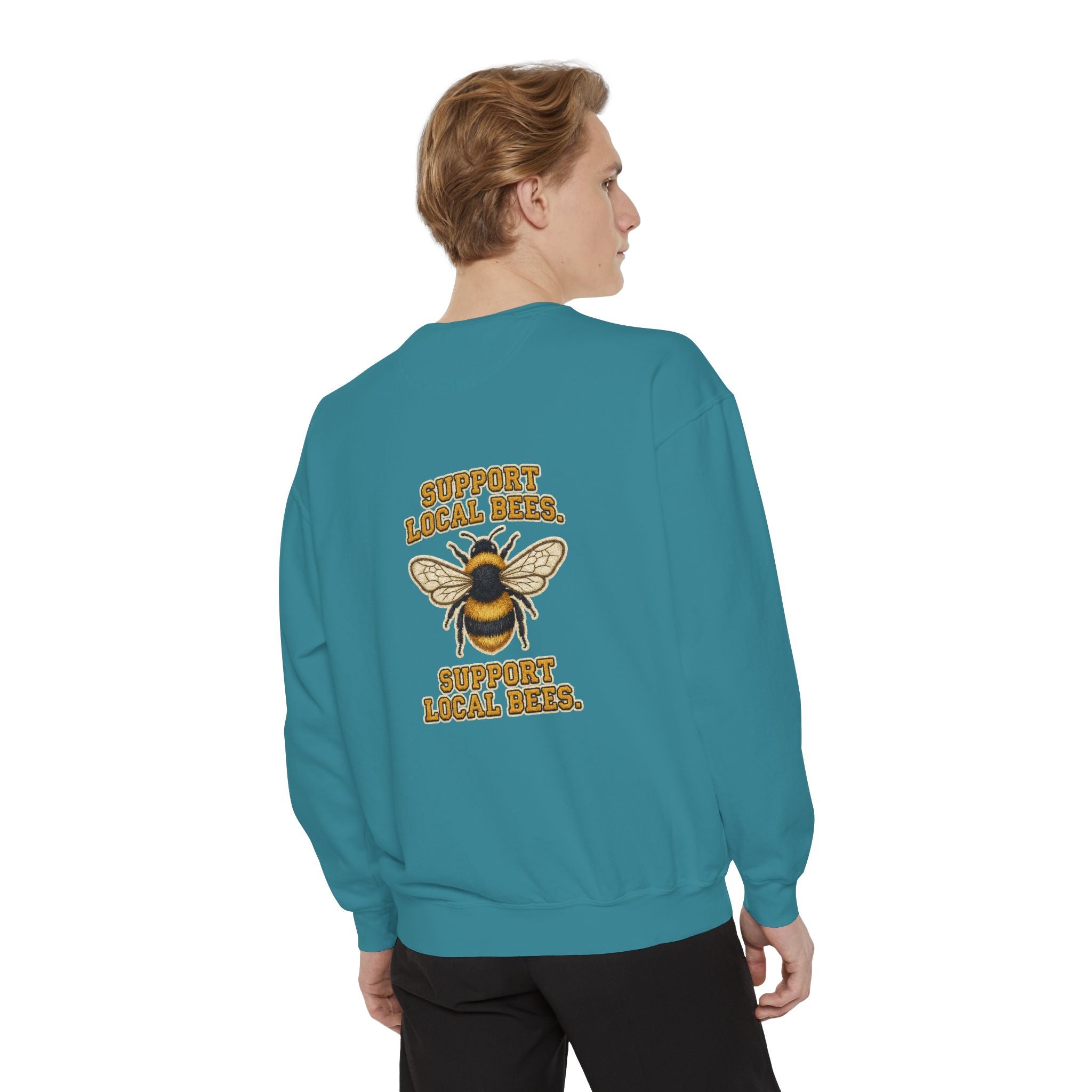 Support Local Bees Sweatshirt — Vintage Bee Graphic Eco-Friendly Pullover