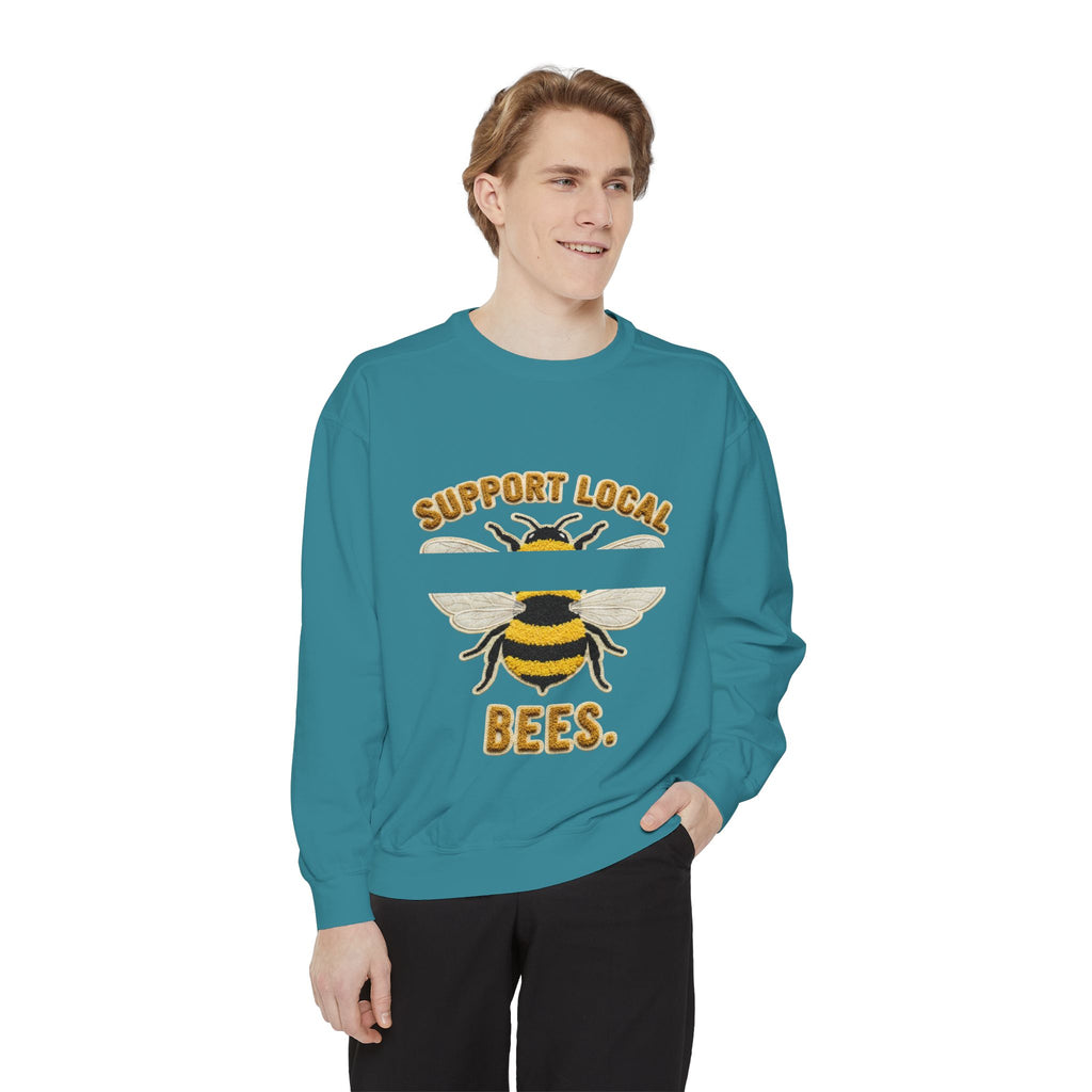 Support Local Bees Sweatshirt — Vintage Bee Graphic Eco-Friendly Pullover