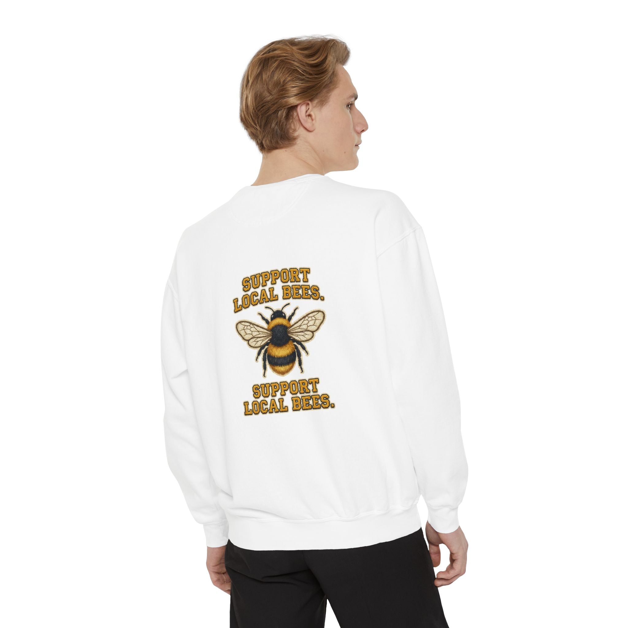 Support Local Bees Sweatshirt — Vintage Bee Graphic Eco-Friendly Pullover
