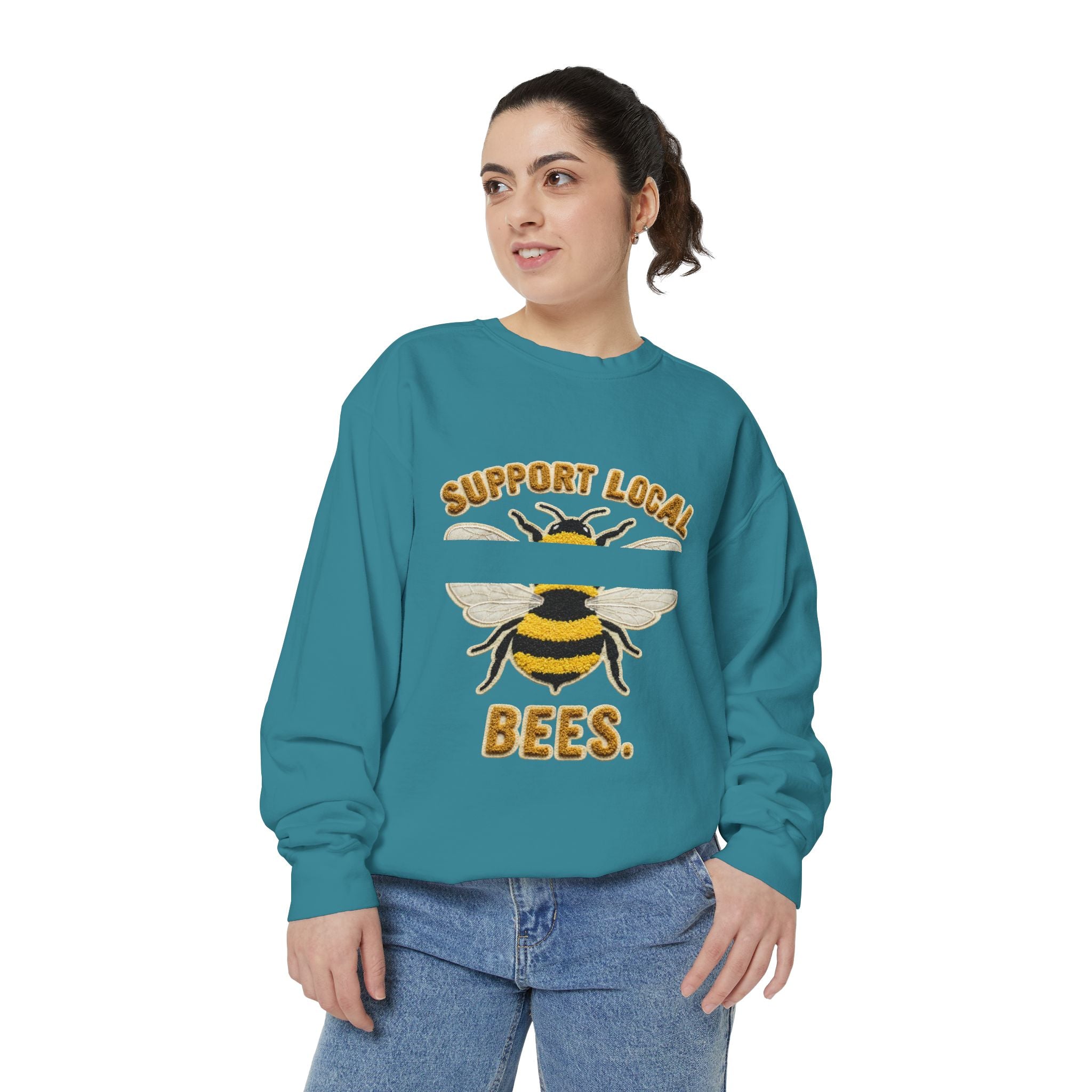 Support Local Bees Sweatshirt — Vintage Bee Graphic Eco-Friendly Pullover