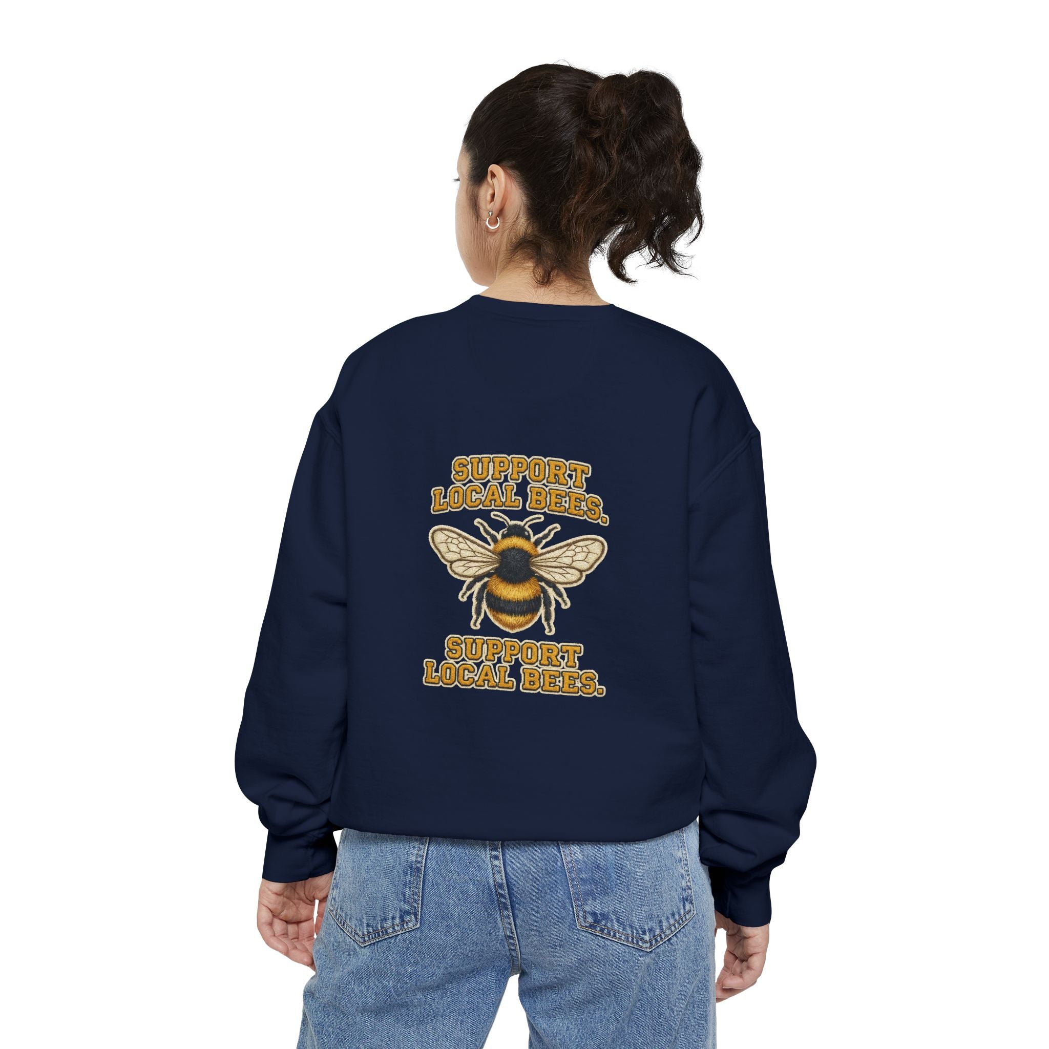 Support Local Bees Sweatshirt — Vintage Bee Graphic Eco-Friendly Pullover
