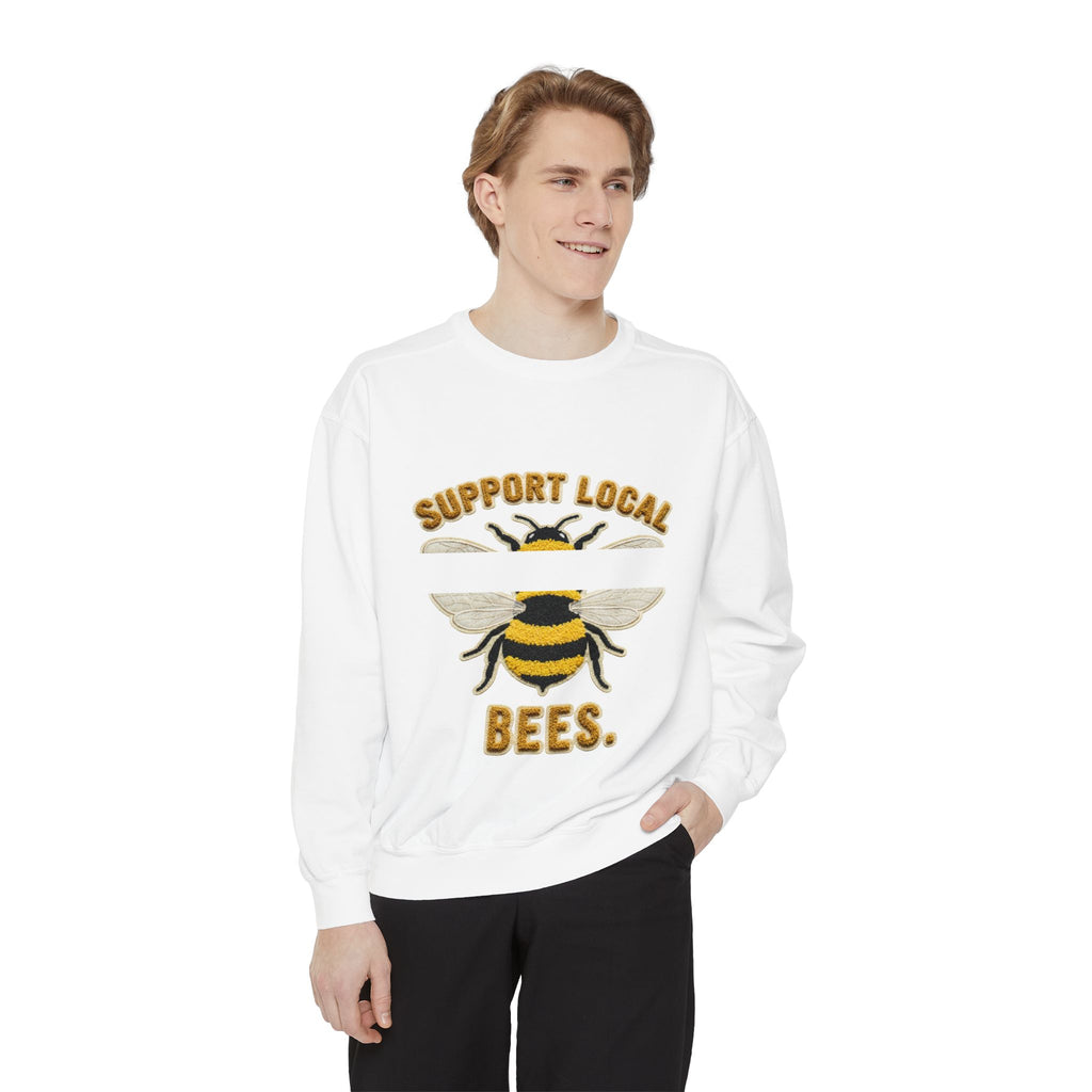 Support Local Bees Sweatshirt — Vintage Bee Graphic Eco-Friendly Pullover