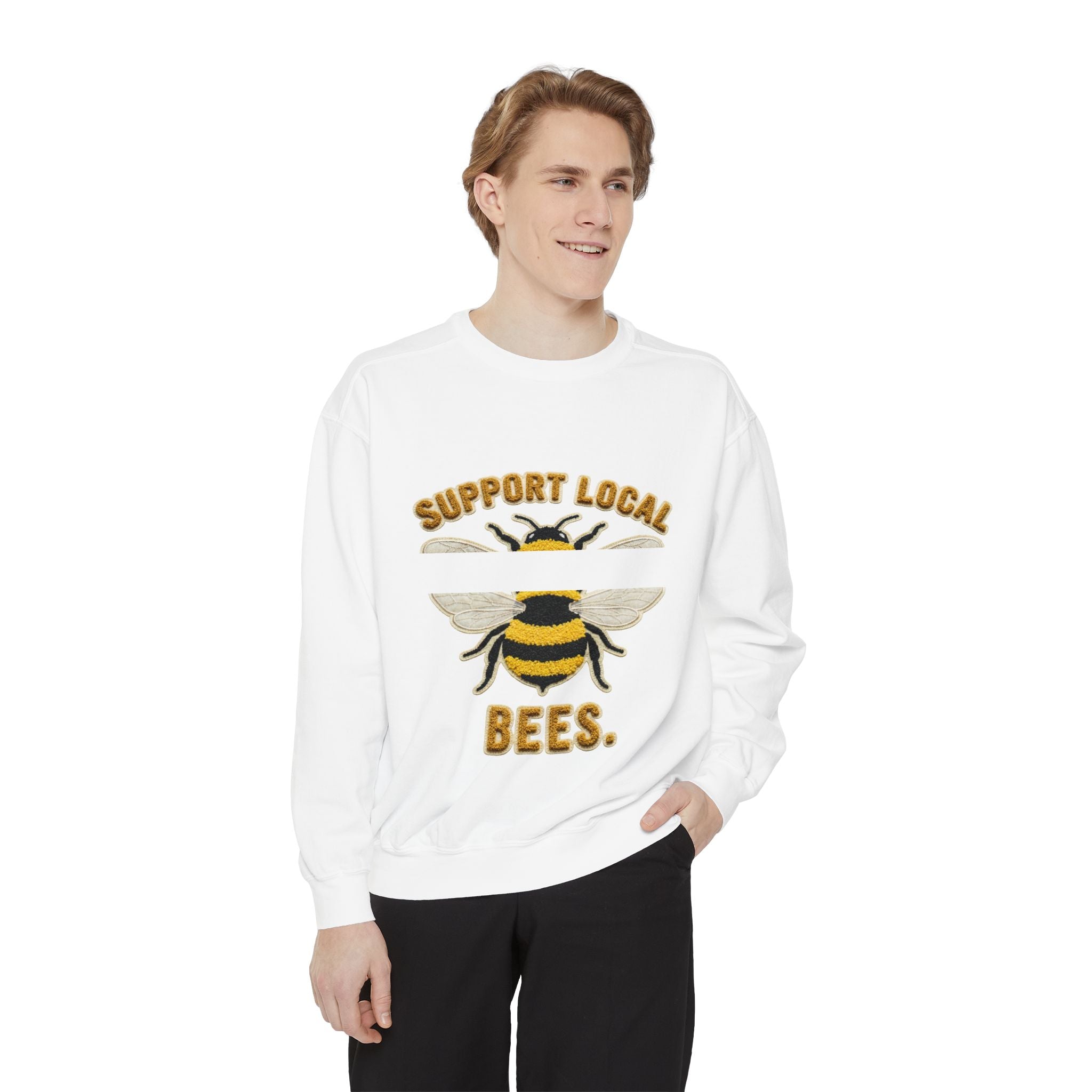 Support Local Bees Sweatshirt — Vintage Bee Graphic Eco-Friendly Pullover