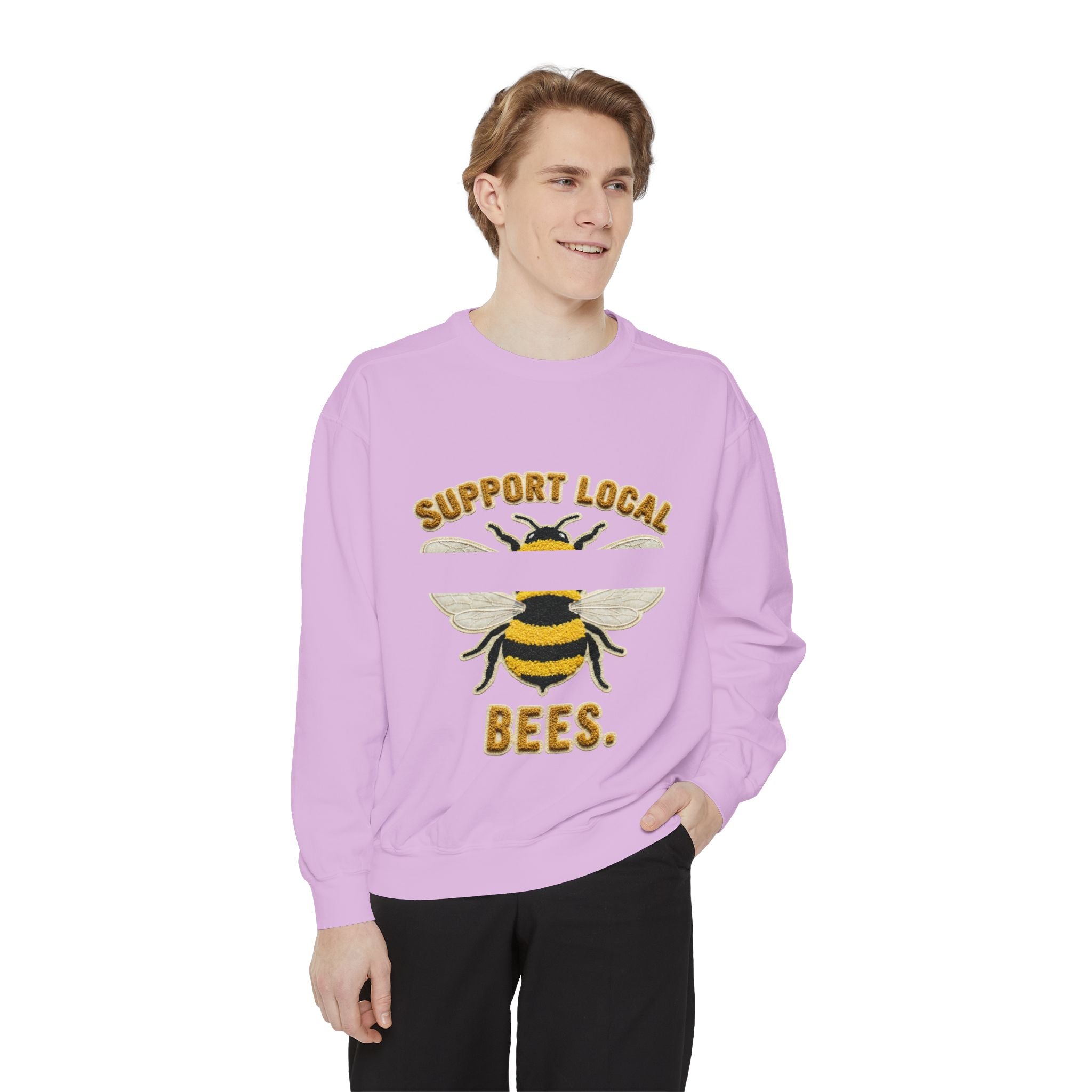 Support Local Bees Sweatshirt — Vintage Bee Graphic Eco-Friendly Pullover