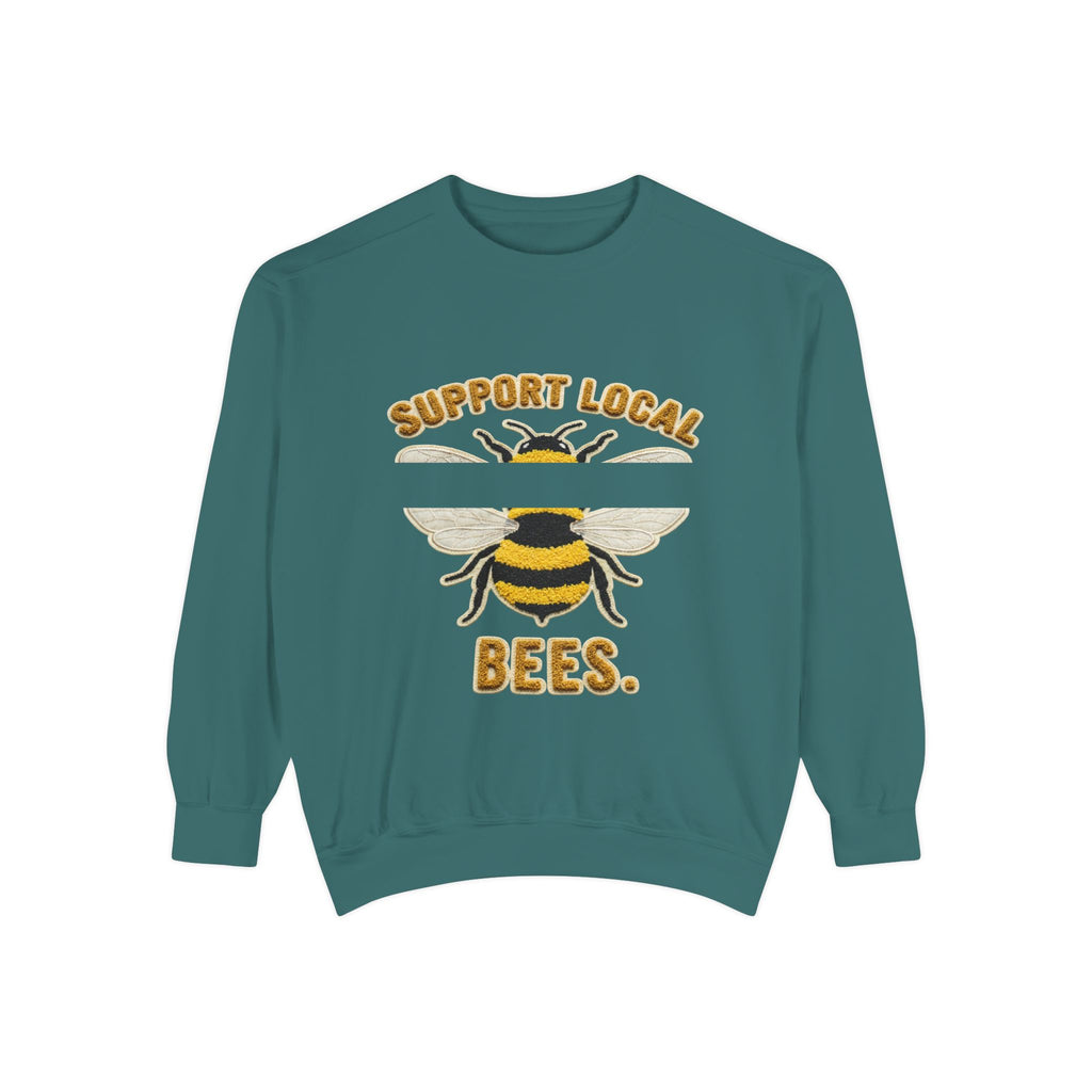 Support Local Bees Sweatshirt — Vintage Bee Graphic Eco-Friendly Pullover
