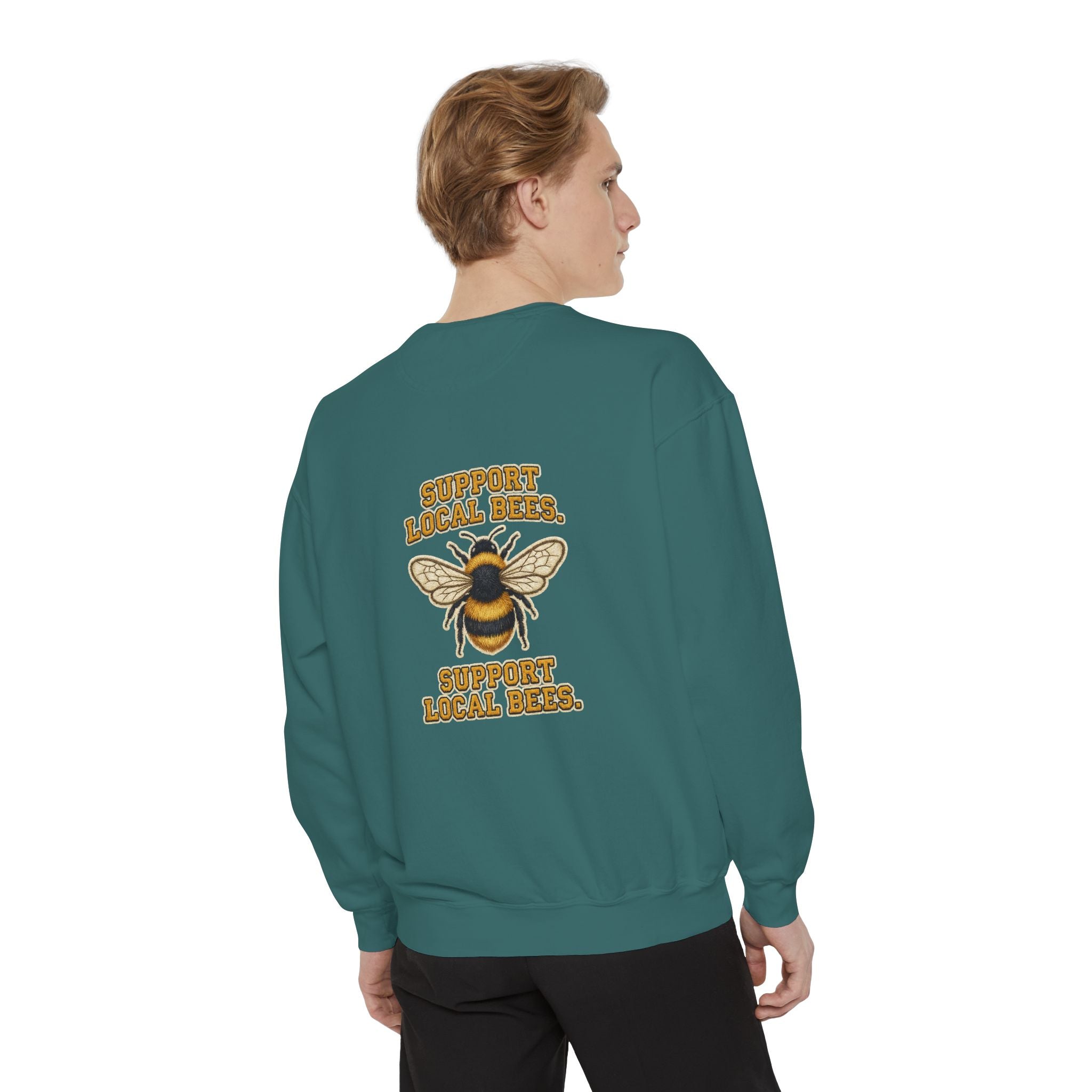 Support Local Bees Sweatshirt — Vintage Bee Graphic Eco-Friendly Pullover