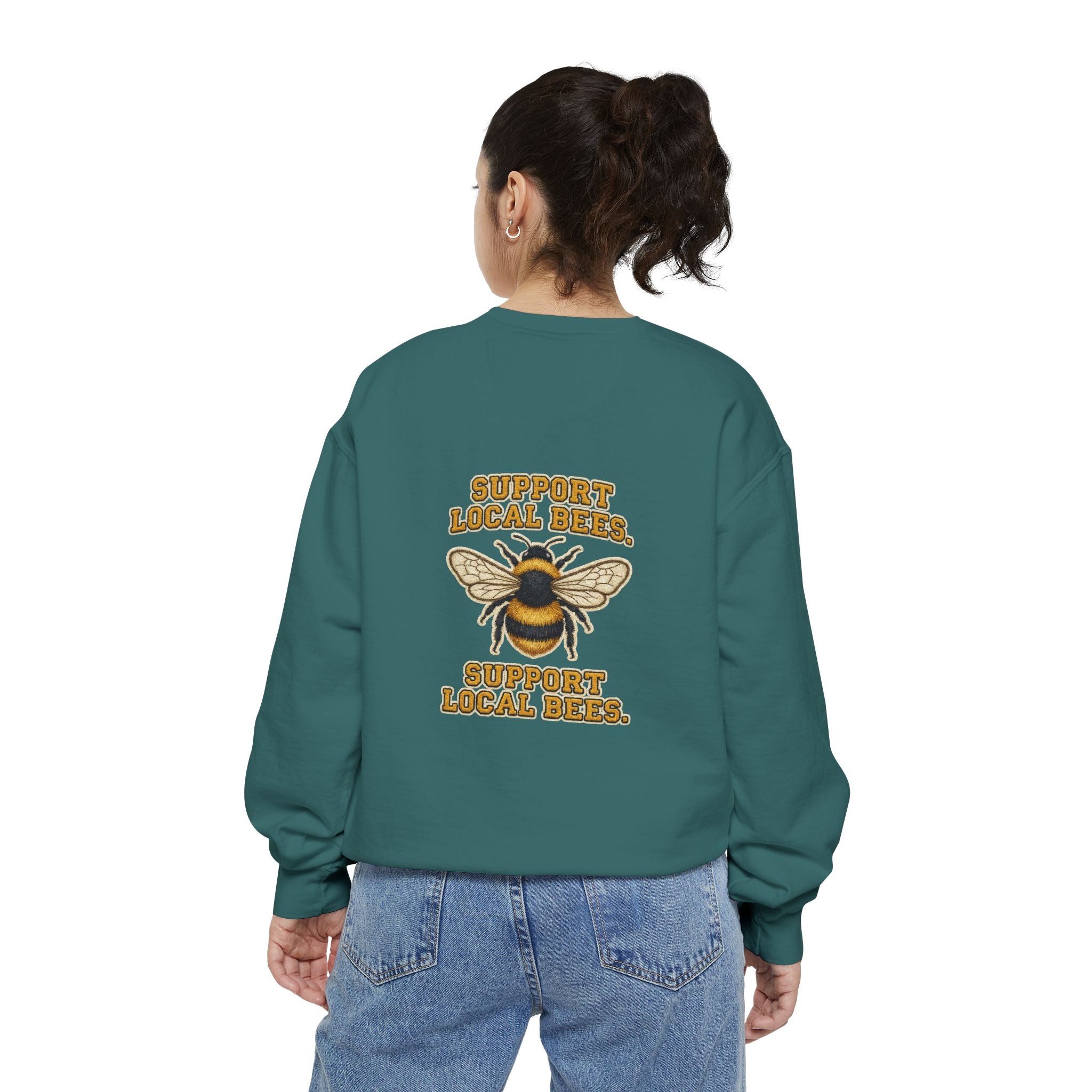 Support Local Bees Sweatshirt — Vintage Bee Graphic Eco-Friendly Pullover